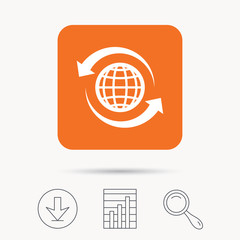 Globe icon. World or internet symbol. Report chart, download and magnifier search signs. Orange square button with web icon. Vector