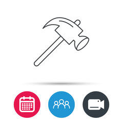 Hammer icon. Repair or fix sign. Construction equipment tool symbol. Group of people, video cam and calendar icons. Vector