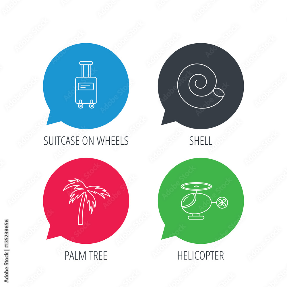 Poster colored speech bubbles. palm tree, shell and helicopter icons. suitcase on wheels linear sign. flat 