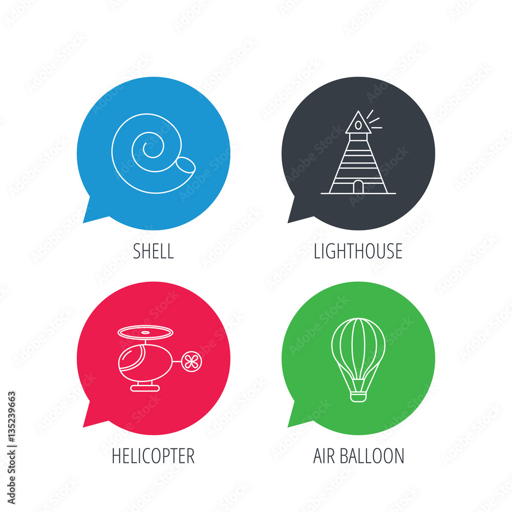 Poster colored speech bubbles. lighthouse, air balloon and helicopter icons. shell linear sign. flat web bu