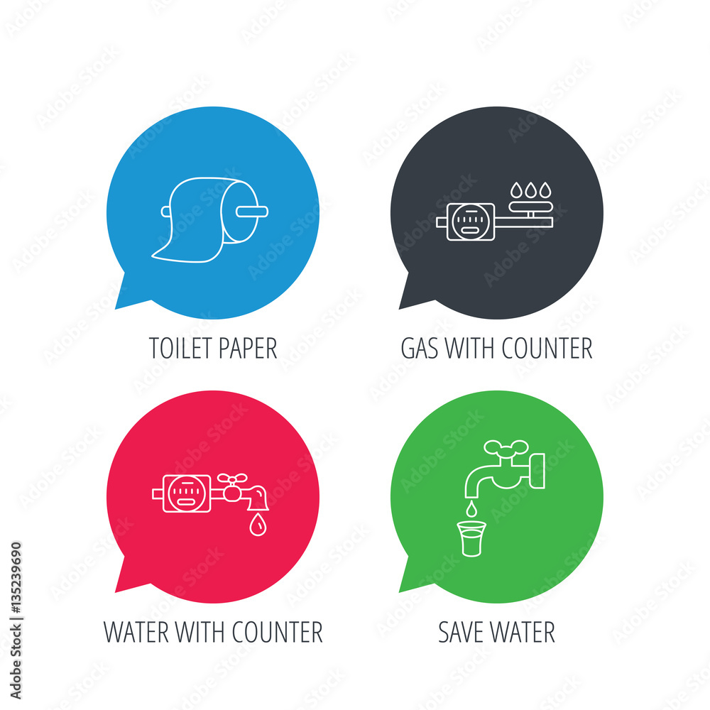 Poster colored speech bubbles. toilet paper, gas and water counter icons. save water linear sign. flat web 