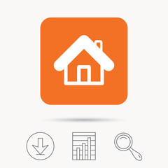 Home icon. House building symbol. Real estate construction. Report chart, download and magnifier search signs. Orange square button with web icon. Vector