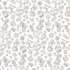 Coffee. Seamless pattern. Monocolor vector hand drawn doodle cartoon