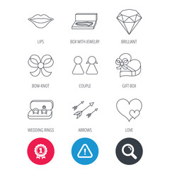 Fototapeta premium Achievement and search magnifier signs. Love heart, gift box and wedding rings icons. Kiss lips and couple linear signs. Valentine amour arrows, brilliant flat line icons. Hazard attention icon
