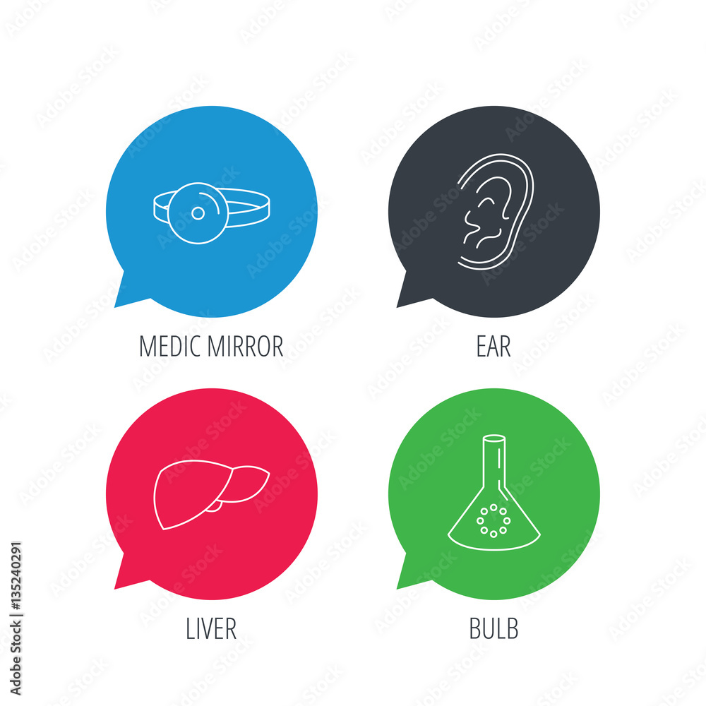 Poster colored speech bubbles. lab bulb, medical mirror and liver organ icons. ear linear sign. flat web bu
