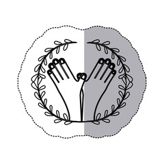 sticker contour ornament leaves with crossed hand vector illustration