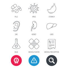 Achievement and search magnifier signs. Pills, medical plaster and prescription icons. Virus, stomach and liver linear signs. Ear, kidney and lab bublb icons. Hazard attention icon. Vector