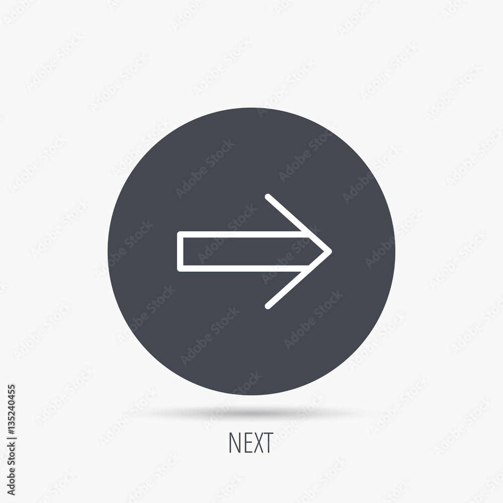 Poster next arrow icon. forward sign. right direction symbol. round web button with flat icon. vector