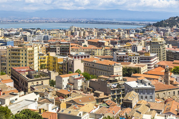 Fototapeta na wymiar Bird eye view of Cagliari old town, Sardinia, Italy. Cagliari is the capital and the largest city of Italian island of Sardinia