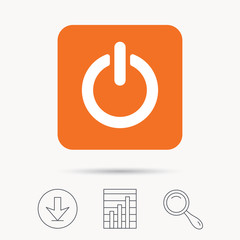 On, off power icon. Energy switch symbol. Report chart, download and magnifier search signs. Orange square button with web icon. Vector