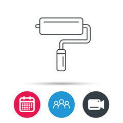 Paint roller icon. Paintbrush tool sign. Group of people, video cam and calendar icons. Vector