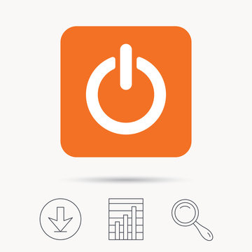 On, off power icon. Energy switch symbol. Report chart, download and magnifier search signs. Orange square button with web icon. Vector