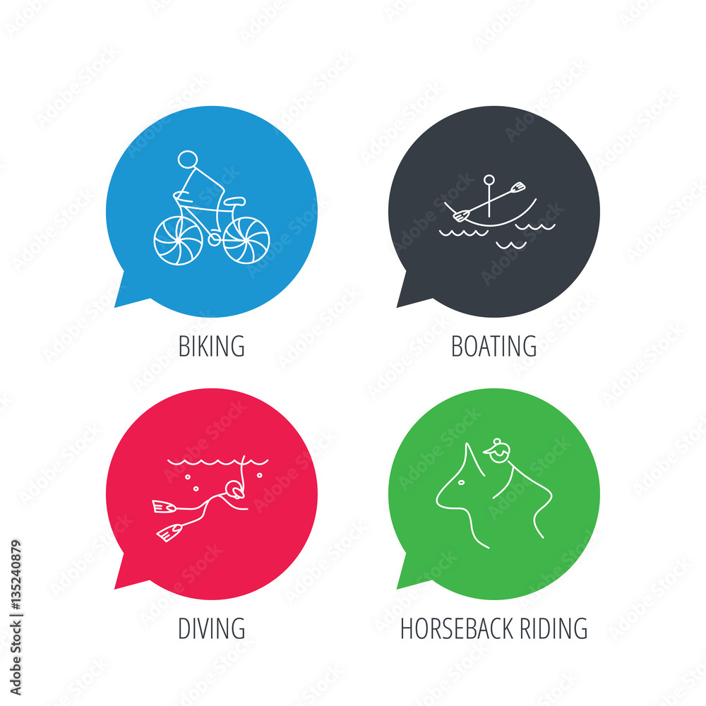 Poster colored speech bubbles. diving, biking and horseback riding icons. boating linear sign. flat web but