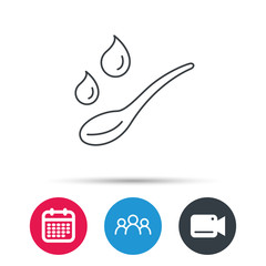 Spoon with water drops icon. Baby medicine dose sign. Child food symbol. Group of people, video cam and calendar icons. Vector