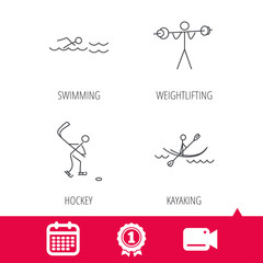Achievement and video cam signs. Swimming, hockey and kayaking icons. Weightlifting linear sign. Calendar icon. Vector