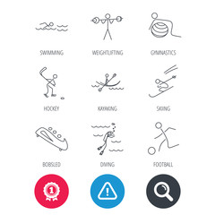 Achievement and search magnifier signs. Swimming, football and skiing icons. Ice hockey, diving and gymnastics linear signs. Kayaking, weightlifting and bobsleigh icons. Hazard attention icon. Vector