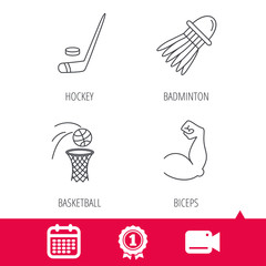 Achievement and video cam signs. Ice hockey, basketball and badminton icons. Biceps linear sign. Calendar icon. Vector