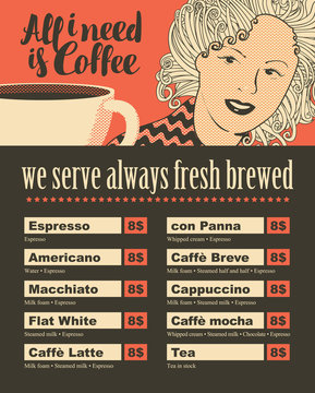 Fototapeta menu coffee house with girl and a cup of coffee in retro style