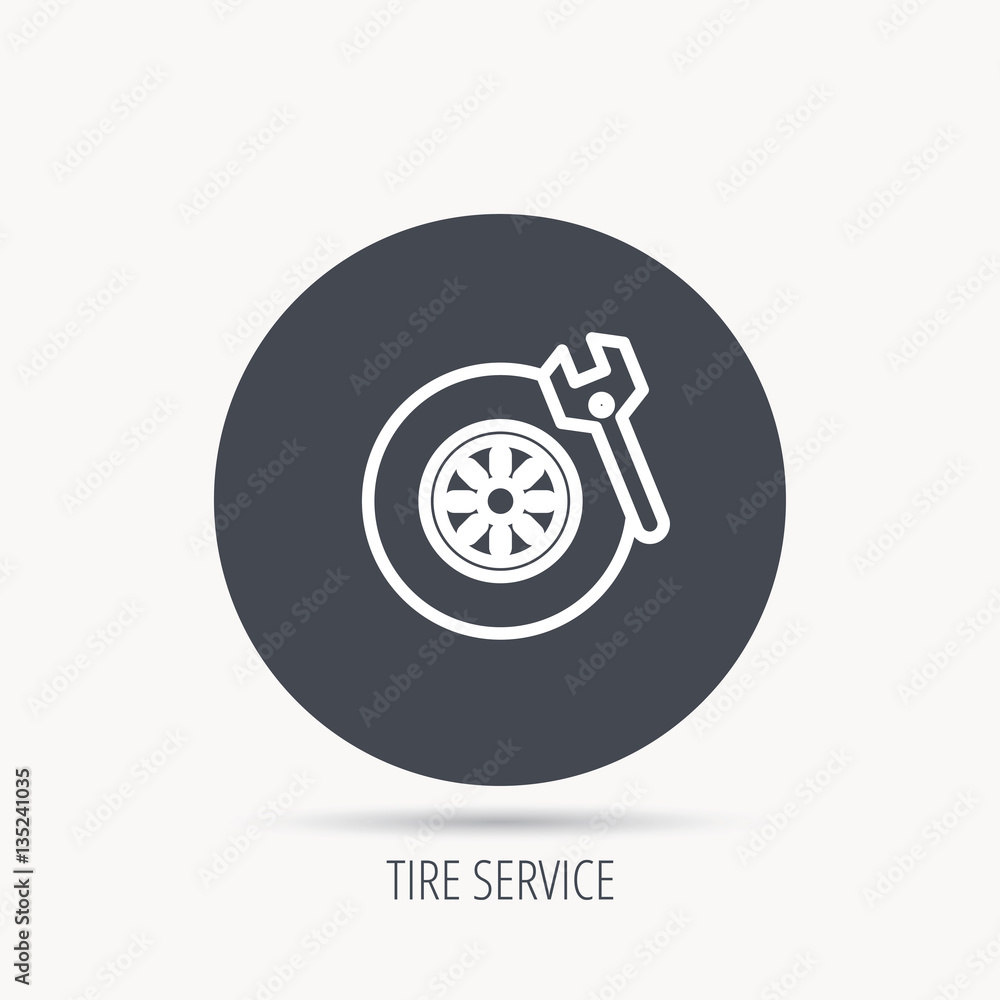 Poster tire service icon. wheel and wrench key sign. round web button with flat icon. vector