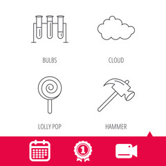 Achievement and video cam signs. Hammer, lab bulbs and weather cloud icons. Lolly pop linear sign. Calendar icon. Vector