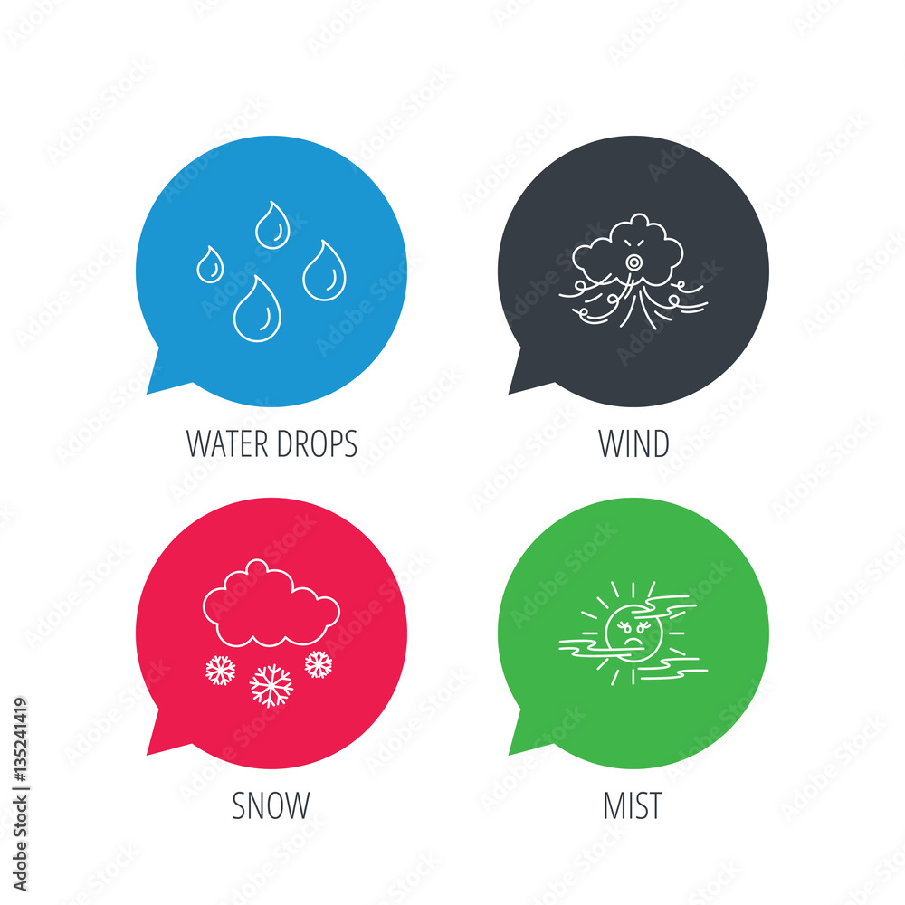 Poster colored speech bubbles. weather, snow and rain icons. water drops and mist linear signs. flat web bu