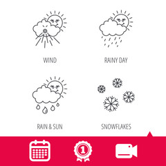 Achievement and video cam signs. Snowflakes, sun and rain icons. Wind linear sign. Calendar icon. Vector