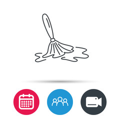Wet cleaning icon. Clean-up floor tool sign. Group of people, video cam and calendar icons. Vector