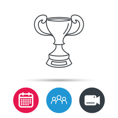 Winner cup icon. Award sign. Victory achievement symbol. Group of people, video cam and calendar icons. Vector