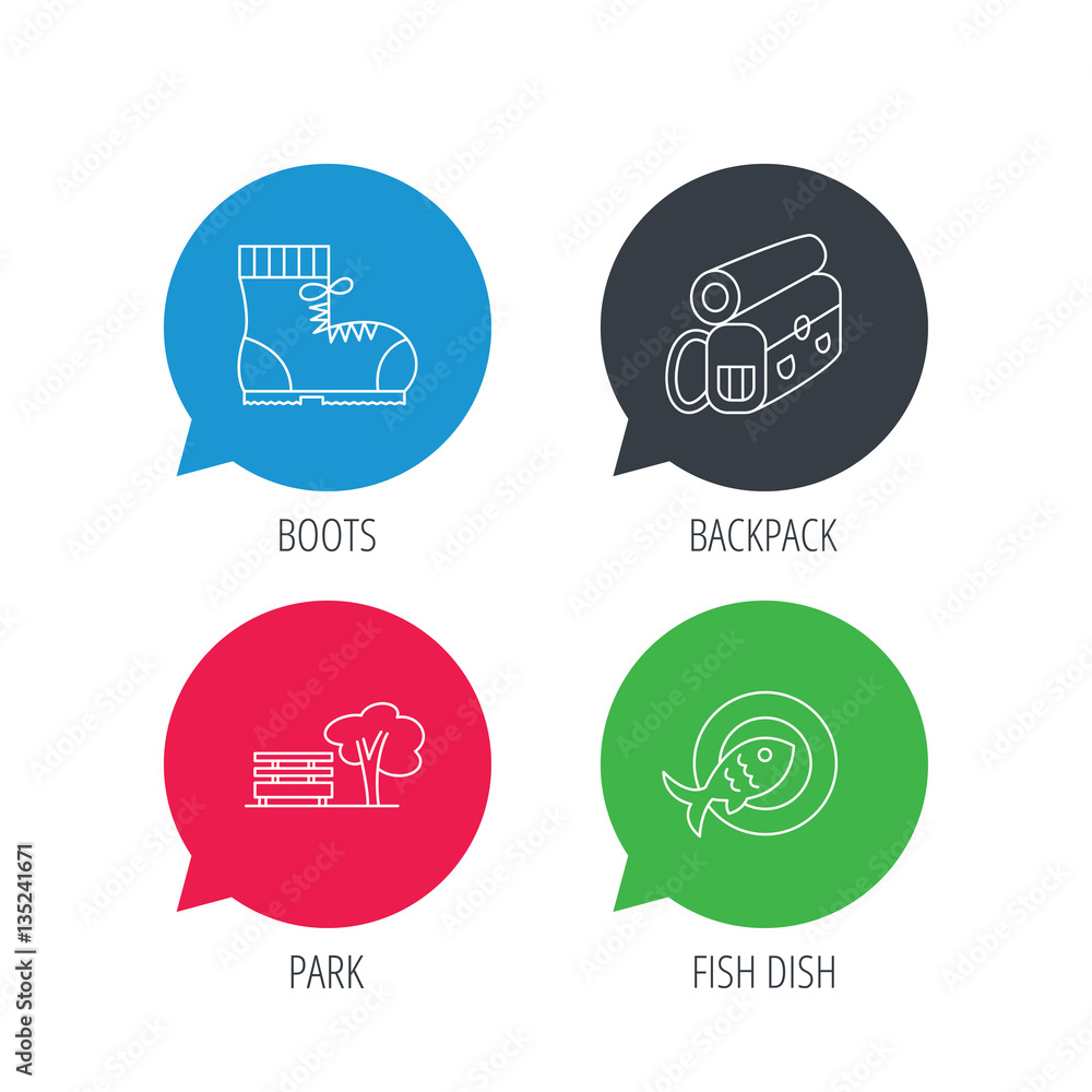 Poster colored speech bubbles. park, backpack and hiking boots icons. fish dish linear sign. flat web butto