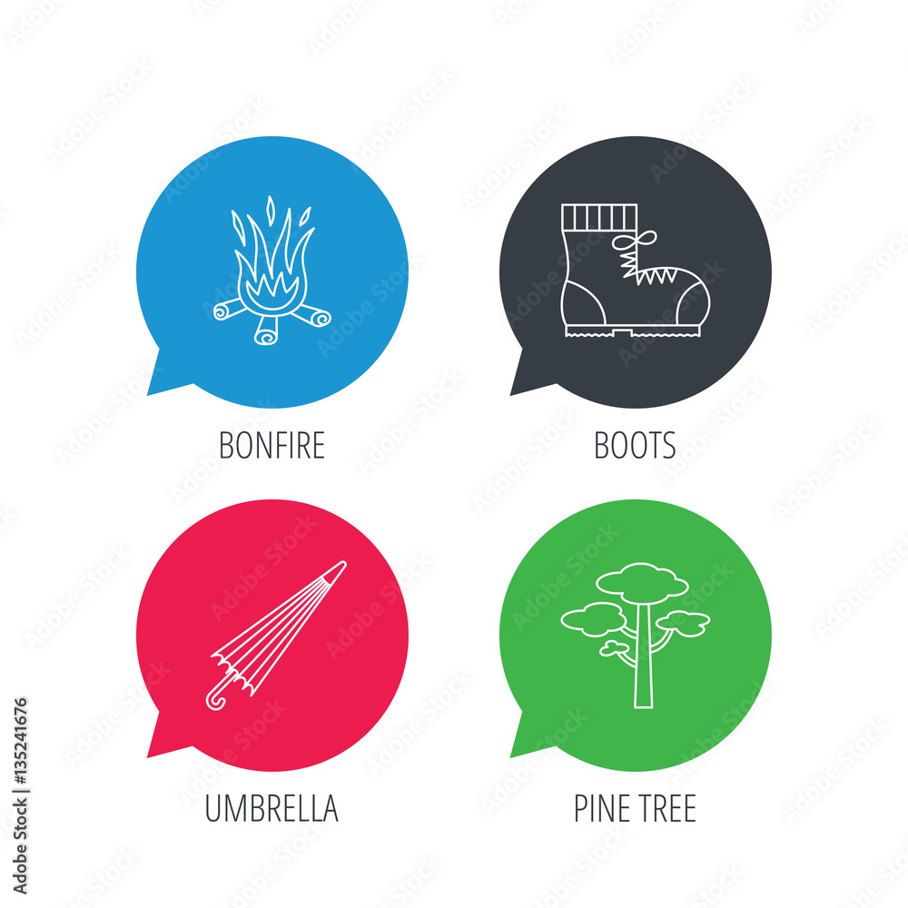 Poster colored speech bubbles. pine tree, bonfire and hiking boots icons. umbrella linear sign. flat web bu