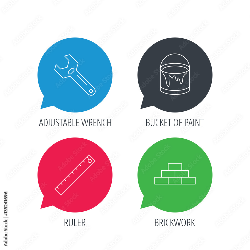 Poster colored speech bubbles. brickwork, measurement and adjustable wrench icons. bucket of paint linear s