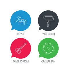Colored speech bubbles. Scissors, paint roller and repair tools icons. Circular saw linear sign. Flat web buttons with linear icons. Vector