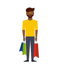 man standing with shopping bags over white background. colorful design. vector illustration