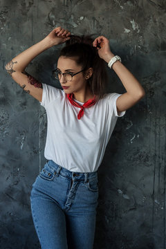 Portrait Of Beautiful Girl Dressing In 90s Style Fashion