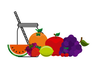 jar glass with fruits and vegetables around over white background. colorful design. vector illustration