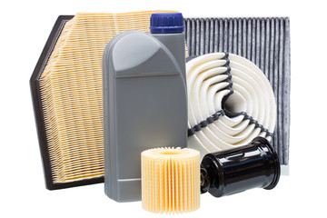 various automotive filters and a liter bottle of motor oil