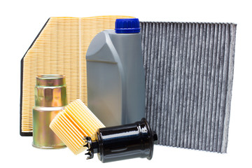 various automotive filters and a liter bottle of motor oil