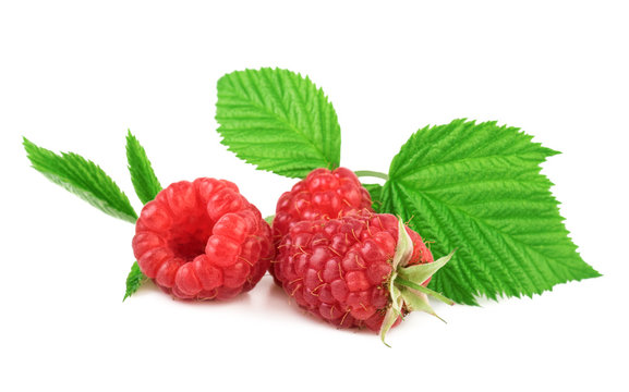 raspberries with green leaf organic berry isolated on white close up