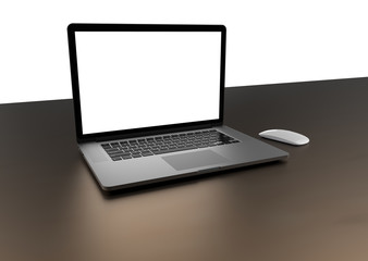 Laptop with blank screen isolated on white background, gray aluminium body.