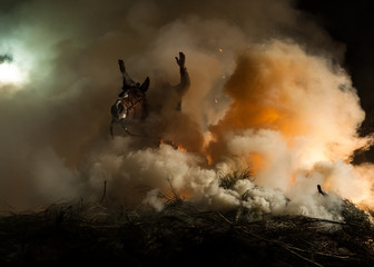 Horses jumping above the fire without fear