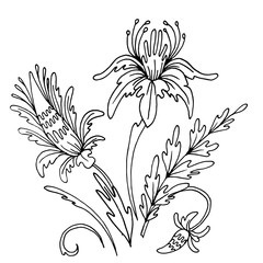 Vintage style vector flowers. Hand drawn floral illustration with flowers and leaves. Botanical illustration