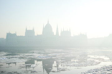 Budapest Parliament Building with Danube River in Winter