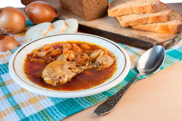For lunch, chicken soup with beetroot and black bread