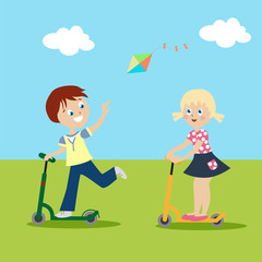 Girl and boy riding on scooters on the green lawn. Clouds and kite flying in the sky. Sunny day. Isolated on white background. Vector, illustration EPS10.