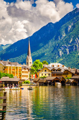 Fantastic view on Hallstatt village and alpine lake, Austrian Alps, Salzkammergut, Austria, Europe