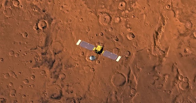 Top view of Mars Global Surveyor in orbit above Memnonia Region. Clip is reversible and can be rotated 180 degrees. Data: NASA/JPL/USGS