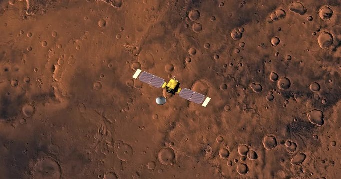 Top view of Mars Global Surveyor in orbit above Margaritifer Sinus Region. Clip is reversible and can be rotated 180 degrees. Data: NASA/JPL/USGS