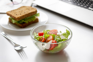 concept of lunch in office at work desktop