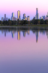 Melbourne Australia Skyline viewed from Albert Park Lake at Sunr