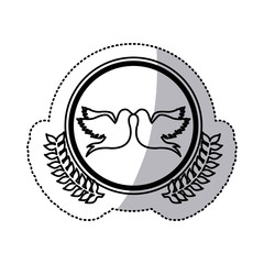 monochrome sticker of pigeons attached by the peak in circle with olive branchs vector illustration